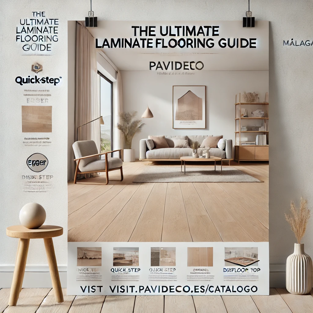 Gráfico promocional de Pavideco Málaga que presenta un elegante suelo laminado en un interior de estilo escandinavo con tonos neutros y decoración minimalista. El texto destaca: 'Descubre la Guía Definitiva del Suelo Laminado', junto con un llamado a la acción: 'Visita www.pavideco.es/catalogo'. Aparecen las marcas Quick-Step, Egger, Disfloor Top, y el logotipo de Pavideco, alineado con un diseño profesional y sobrio."
